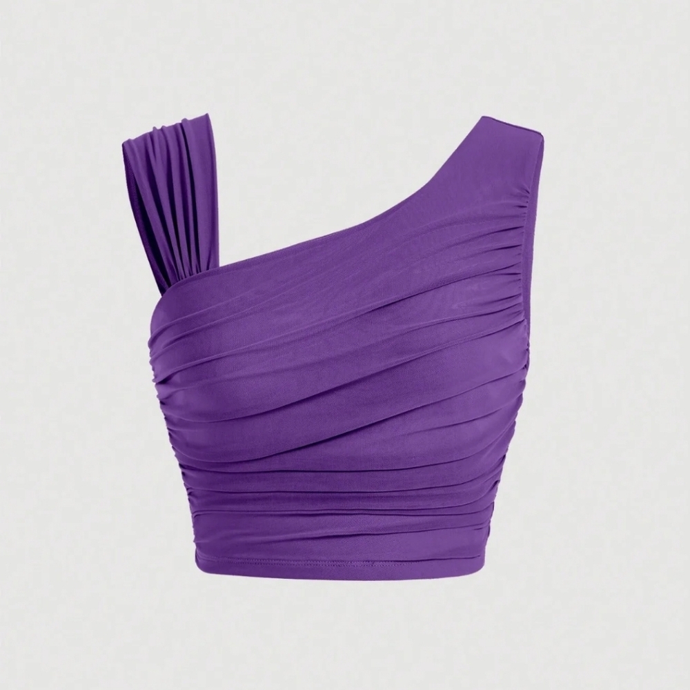 Asymmetrical Neck One Shoulder Ruched Sides Crop Top Small Purple